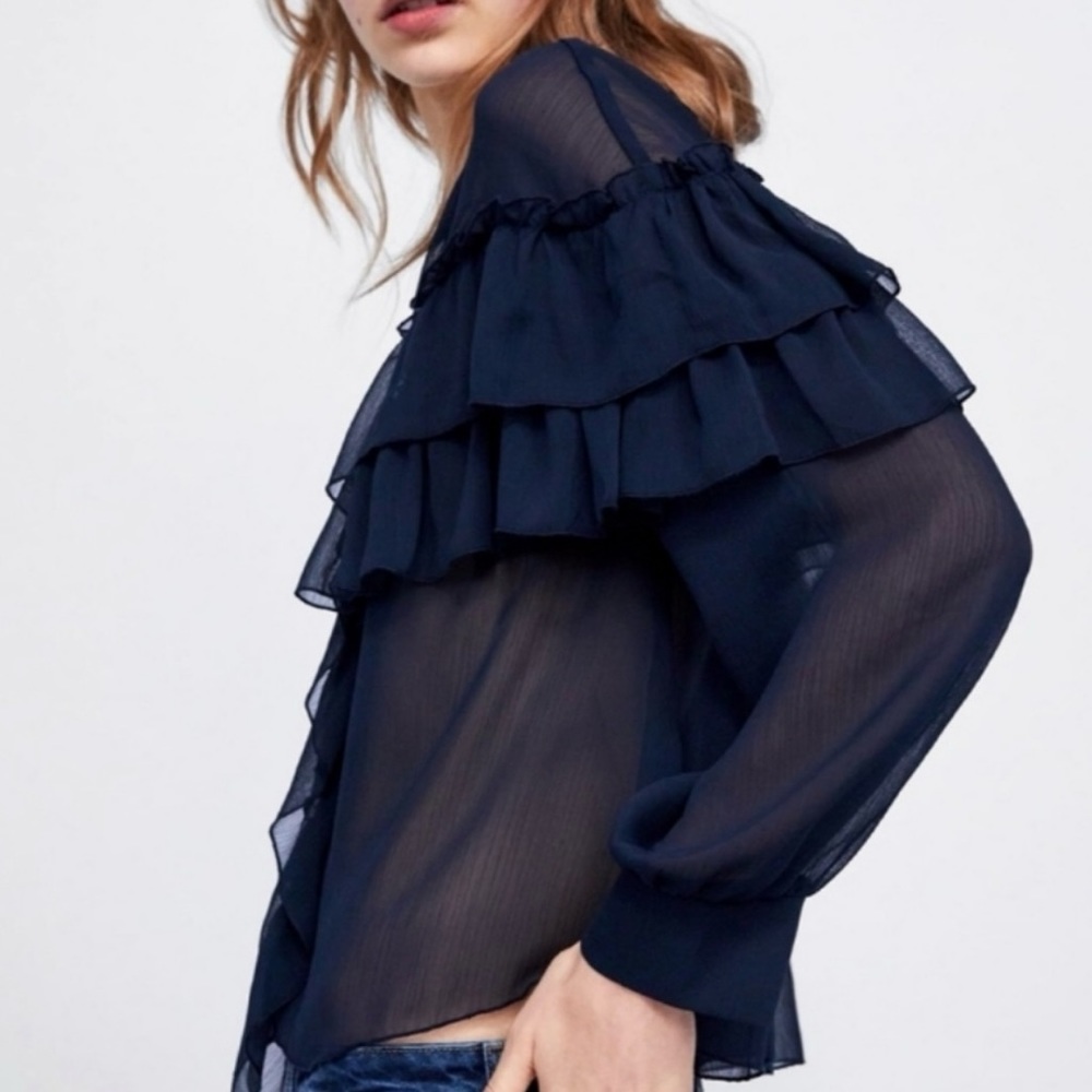 Zara navy blue sheer blouse with frills and ruffles - Picture 3 of 8